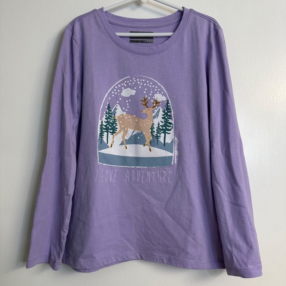 Eddie Bauer Girls Size M 10/12 Purple Long Sleeve Deer Snowglobe Graphic T-Shirt